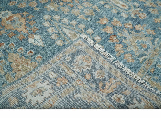 Custom Made Traditional Antique Blue And Beige Hand Knotted Oushak Wool Area Rug