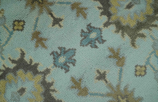 Custom Made Hand Knotted Traditional Floral Aqua, Beige, Gray And Charcoal Wool Area Rug