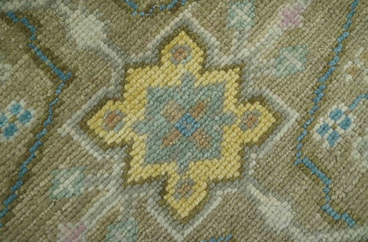Custom Made Hand Knotted Olive, Blue And Yellow Traditional Floral Wool Area Rug