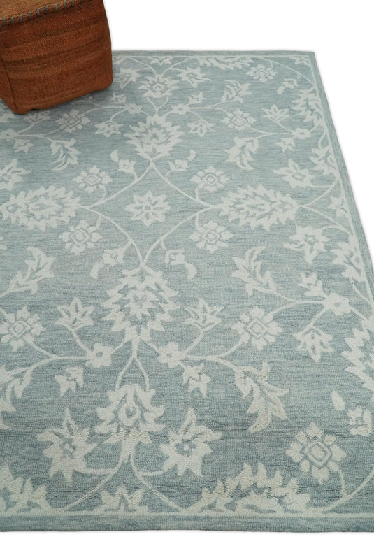 Ivory, Rust and Blue Round Hand Tufted Floral Farmhouse Wool Area