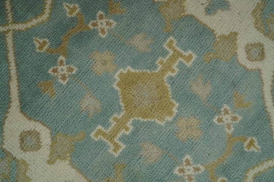 Custom Made Hand Knotted Oriental Oushak Beige, Ivory And Teal Wool Area Rug