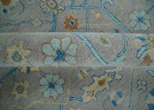 Custom Made Traditional Floral Gray, Blue, Aqua, Beige And Ivory Hand Knotted Wool Area Rug