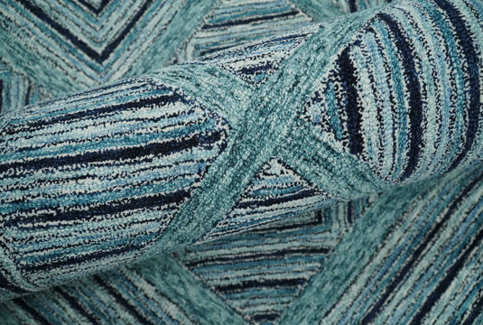 Custom Made Modern Geometric Teal, Charcoal And Ivory Hand Tufted Wool Area Rug