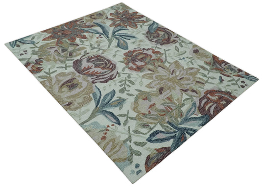 Custom Made Hand Tufted Floral Green, Blue, Pink And Rust Rug Wool Area Rug