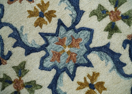 Custom Made Moroccan Trellis Ivory, Blue And Brown Hand Tufted Wool Area Rug