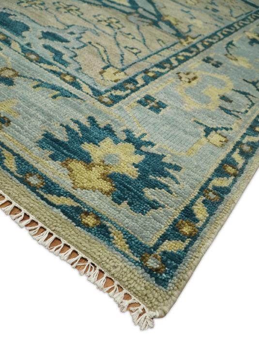 Custom Made Beige, Blue And Gold Oriental Oushak Hand Knotted Wool Area Rug