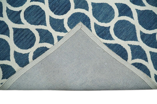 Custom Made Modern Trellis Pattern Blue And Ivory Hand Tufted Wool Area Rug