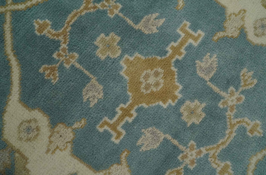 Custom Made Hand Knotted Classic Oushak Beige, Ivory And Dark Teal Wool Area Rug