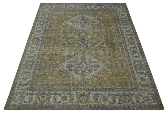 Traditional Antique Pattern Gold, Gray And Ivory Hand Knotted 8x10 ft Bedroom, Living Room Rug Wool Area Rug