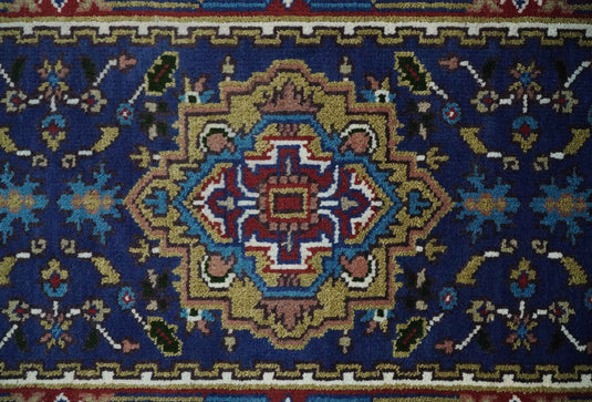 Blue, Mustard and Brown Hand knotted Traditional Heriz 2.6x12 wool Area Rug