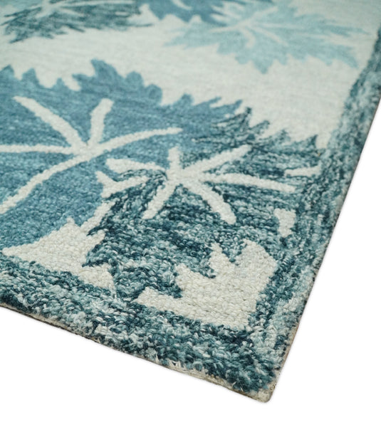 Custom Made Leaves Pattern Teal And Ivory Hand Tufted Wool Area Rug