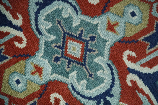 Custom Made Traditional Medallion Pattern Red, Blue, Teal and Olive Hand Knotted wool Area Rug