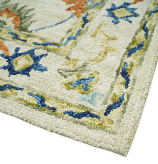 Custom Made Floral Pattern Beige, Rust, Blue And Olive Hand Tufted Wool Area Rug