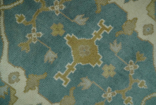 Custom Made Hand Knotted Ivory, Teal,Beige and Camel Oriental Oushak Rug Wool Area Rug