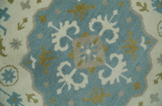 Ivory, Blue, Gray And Olive Traditional Medallion Mamluk Hand Knotted 6x9 ft wool Area Rug