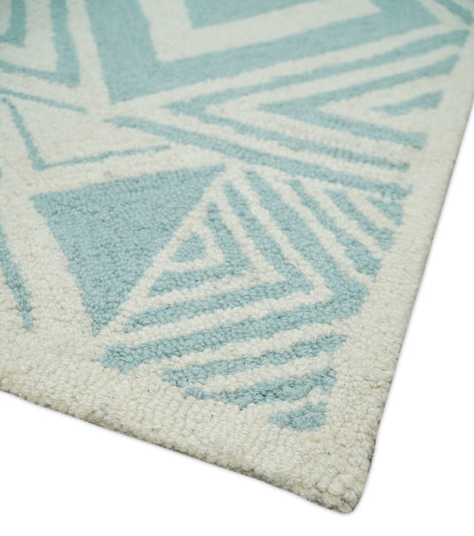 Custom Made Modern Geometrical Ivory And Sage Blue Hand Tufted Wool Area Rug