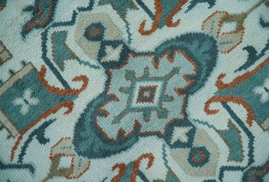 Traditional Pattern Blue, Teal And Rust Hand Knotted 8x10 ft wool Area Rug