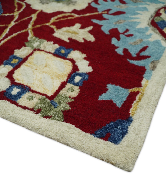 Custom Made Traditional Red, ivory And Blue Floral Hand Tufted Wool Area Rug