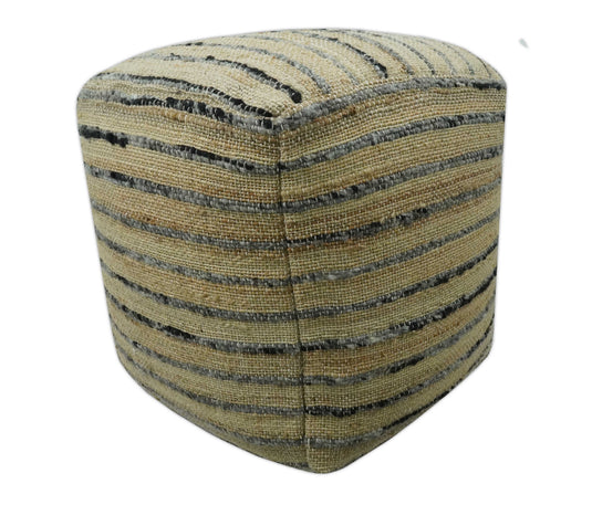 Charcoal And Beige Strip Wool And Jute Footstool, Seat, Foot Rest Living Room, Bedroom