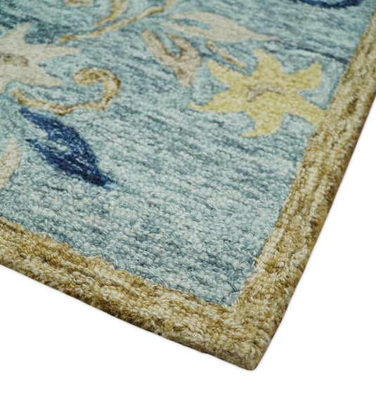 Custom Made Floral Blue, Camel, Beige And Ivory Hand Tufted Wool Area Rug