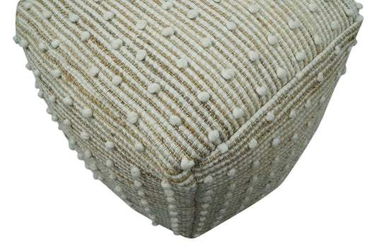 Polka Dots Light Beige And White Jute And Wool Ottoman Footstool, Seat, Foot Rest Living Room, Bedroom