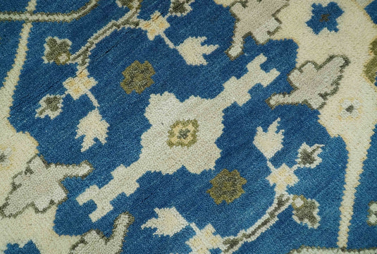 Custom Made Hand Knotted Oriental Oushak Blue, Ivory And Olive Wool Area Rug