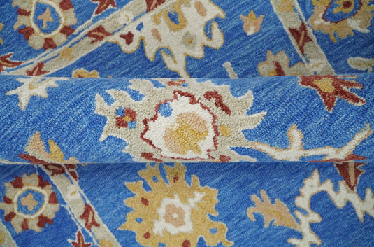 Custom Made Traditional Floral Blue, Camel And Maroon Hand Tufted  Wool Area Rug