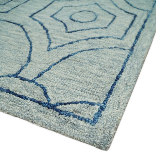 Custom Made Modern Geometrical Pattern Gray And Blue Hand Tufted Wool Area Rug