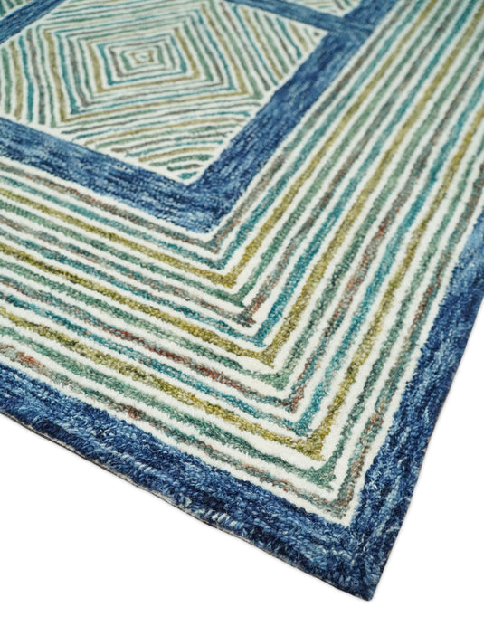 Custom Made Checkerboard Blue, Olive, Gray And Teal Hand Tufted Wool Area Rug