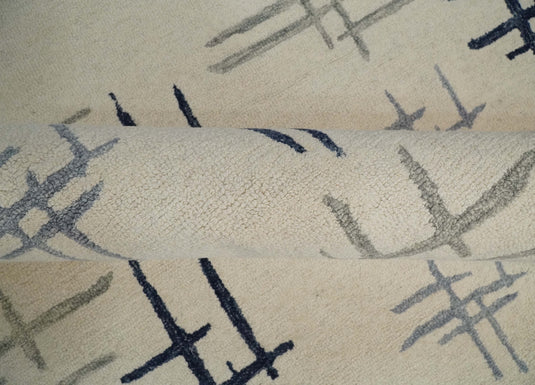 Custom Made Modern Crosses Pattern Ivory, Blue And Gray Hand Tufted  Wool Area Rug