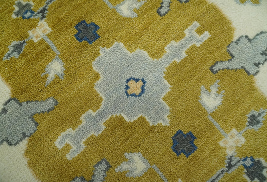 Custom Made Hand Knotted Turkish Oushak Mustard, Blue, Ivory And Gray Wool Area Rug