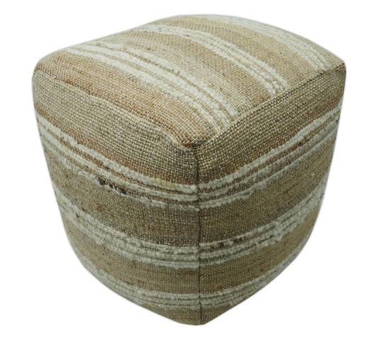 Modern Stripes White And Beige Jute Footstool, Seat, Foot Rest Living Room, Bedroom