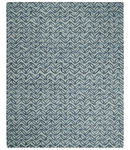 Contemporary Chevron Silver And Blue Hand Tufted 5x8 And 8x10 ft Wool Area Rug