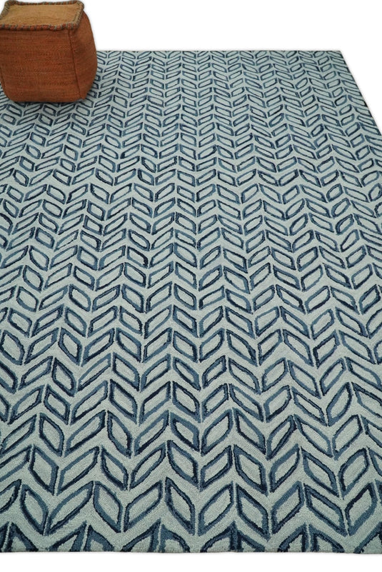 Contemporary Chevron Silver And Blue Hand Tufted 5x8 And 8x10 ft Wool Area Rug