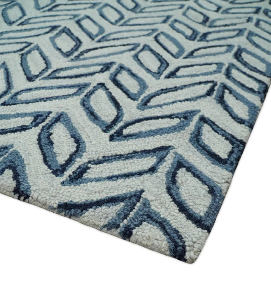 Contemporary Chevron Silver And Blue Hand Tufted 5x8 And 8x10 ft Wool Area Rug