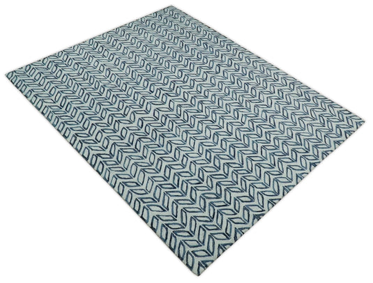 Contemporary Chevron Silver And Blue Hand Tufted 5x8 And 8x10 ft Wool Area Rug