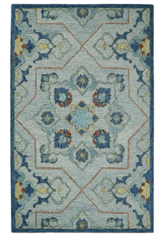 Custom Made Antique Patterns Silver, Blue And Brown Hand Tufted Wool Area Rug