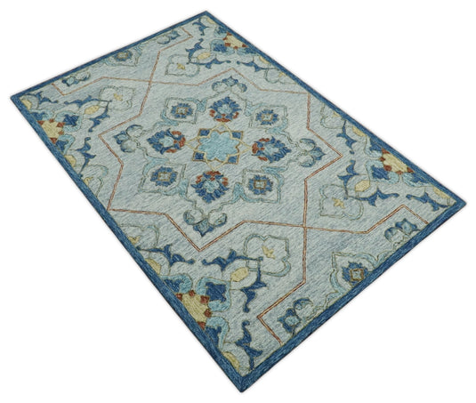 Custom Made Antique Patterns Silver, Blue And Brown Hand Tufted Wool Area Rug