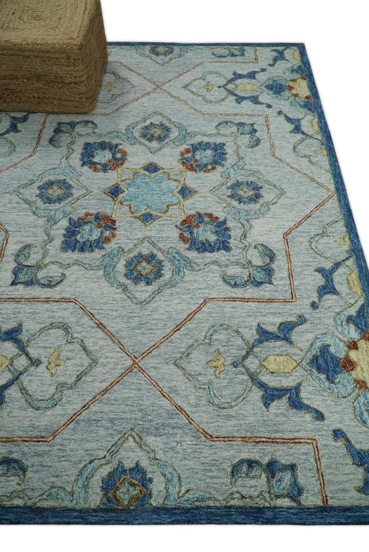 Custom Made Antique Patterns Silver, Blue And Brown Hand Tufted Wool Area Rug