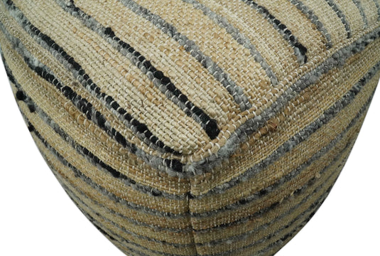 Charcoal And Beige Strip Wool And Jute Footstool, Seat, Foot Rest Living Room, Bedroom