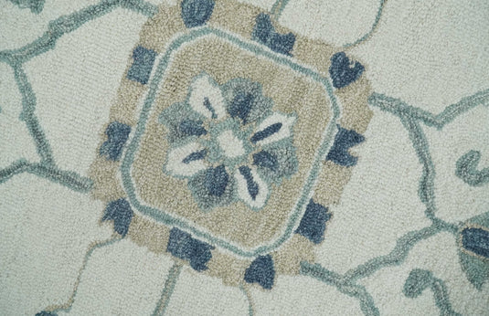 Custom Made Floral Medallion Ivory, Gray, Camel And Blue Hand Tufted Wool Area Rug