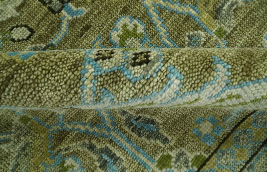 Custom Made Hand Knotted Green, Grey And Blue Traditional Floral Wool Area Rug