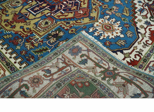 Hand Knotted Heriz Serapi Rug Ivory and Blue 8x10 ft Ideal for Living, Bedroom, and Dining Rooms | CP1857810