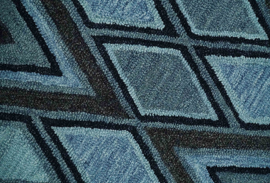 Custom Made Blue, Charcoal And Black Geometrical Harlequin Pattern Hand Tufted Wool Area Rug