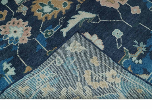 Custom Made Traditional Floral Pattern Blue, Beige, Peach and Navy Blue Hand Knotted wool Area Rug