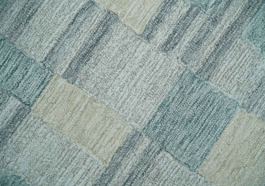 Custom Made Modern Checkerboard Pattern Gray, Charcoal, Ivory And Green Hand Tufted Wool Area Rug