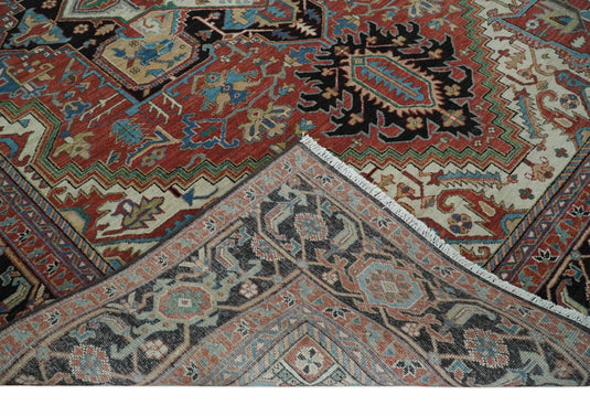 Vintage look Rust, Ivory and Black Hand knotted 8x10 Traditional Heriz wool Area Rug