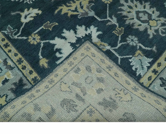 Custom Made Traditional Floral Pattern Dark Teal, Beige, Silver and Ivory Hand Knotted wool Area Rug