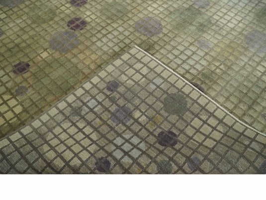 Modern Geometrical Pattern Hand Knotted Olive 5x8 ft Bedroom, Living Room Rug , Wool and Viscose Area Rug AAOC1258