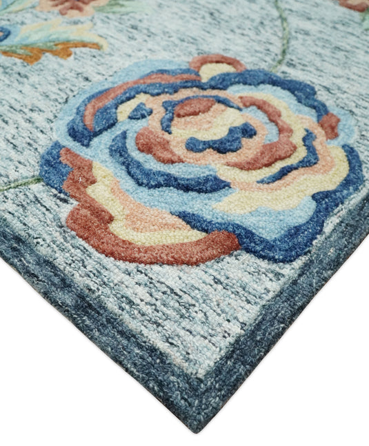 Custom Made Floral Gray, Blue, Peach, Gold  And Green Hand Tufted Wool Area Rug